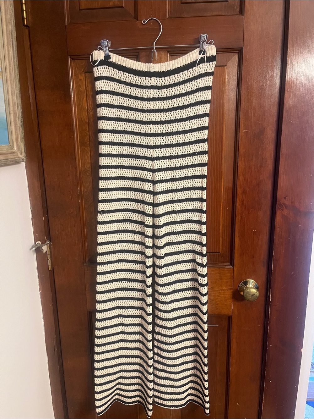 Zara Cream and Black Striped Wide-Leg Knit Pants